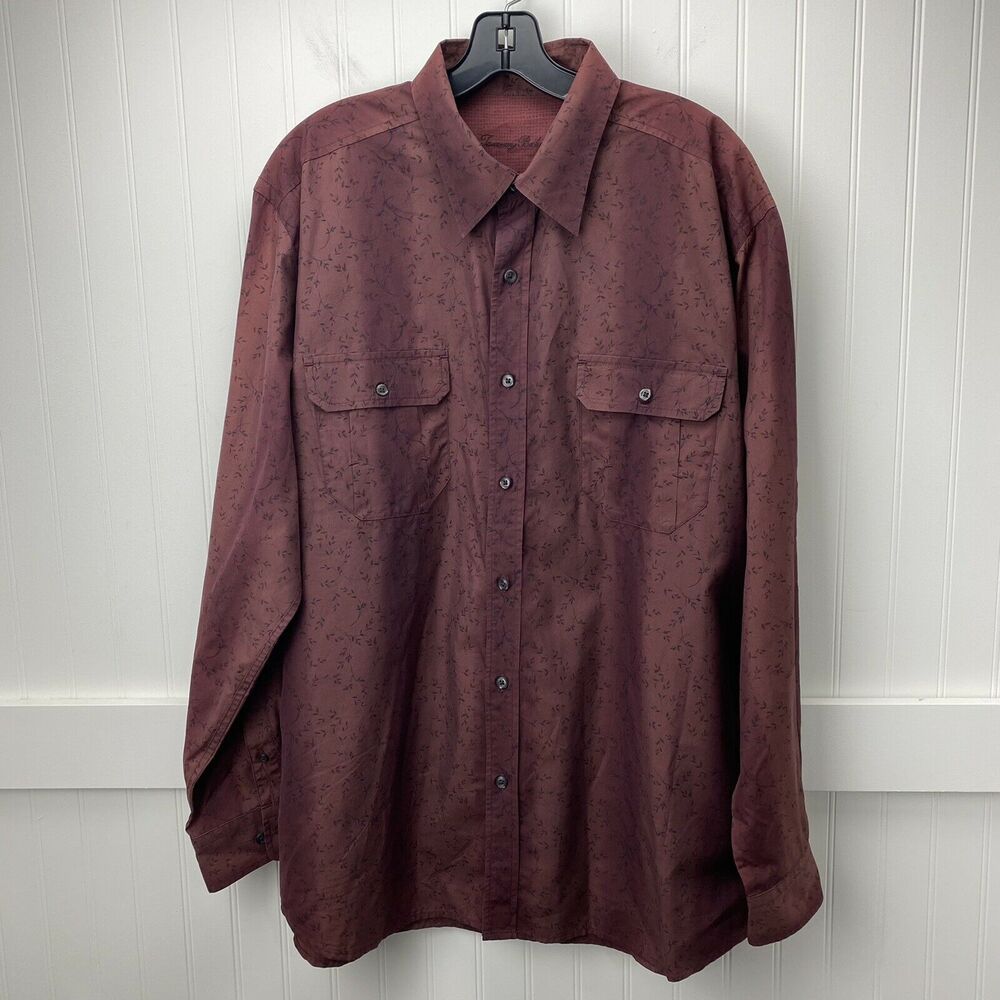 Tommy Bahama Shirt Button Up Mens Large Cotton/Silk Maroon Long Sleeve Leaves